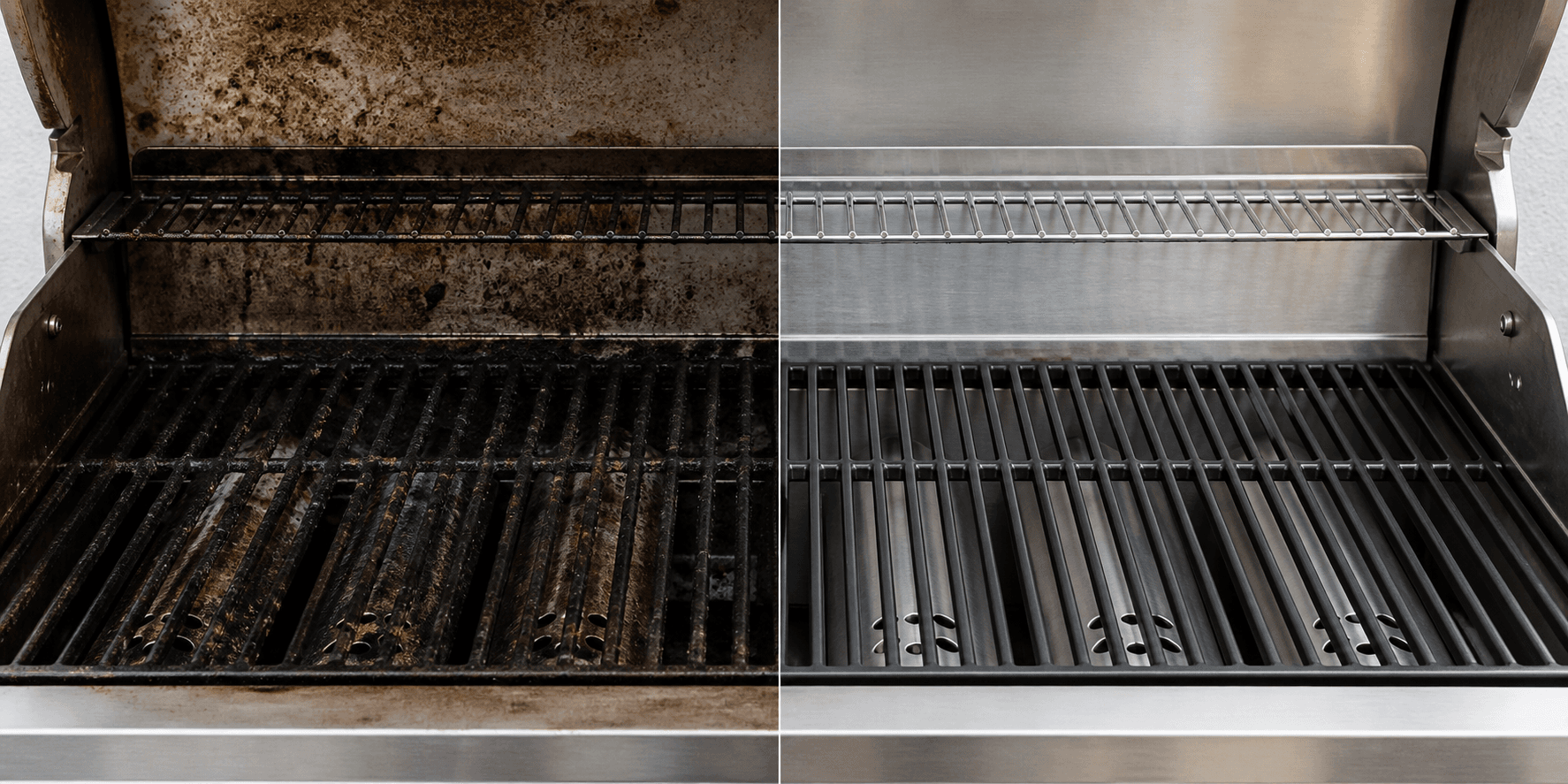 The same barbecue before cleaning on the left and after professional cleaning on the right