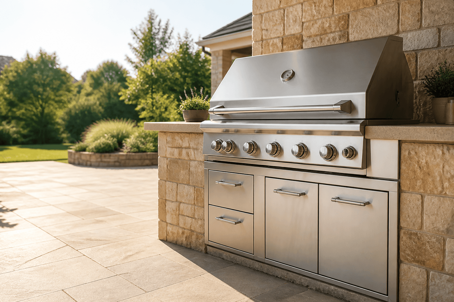 A spotless stainless-steel barbecue in a landscaped backyard kitchen